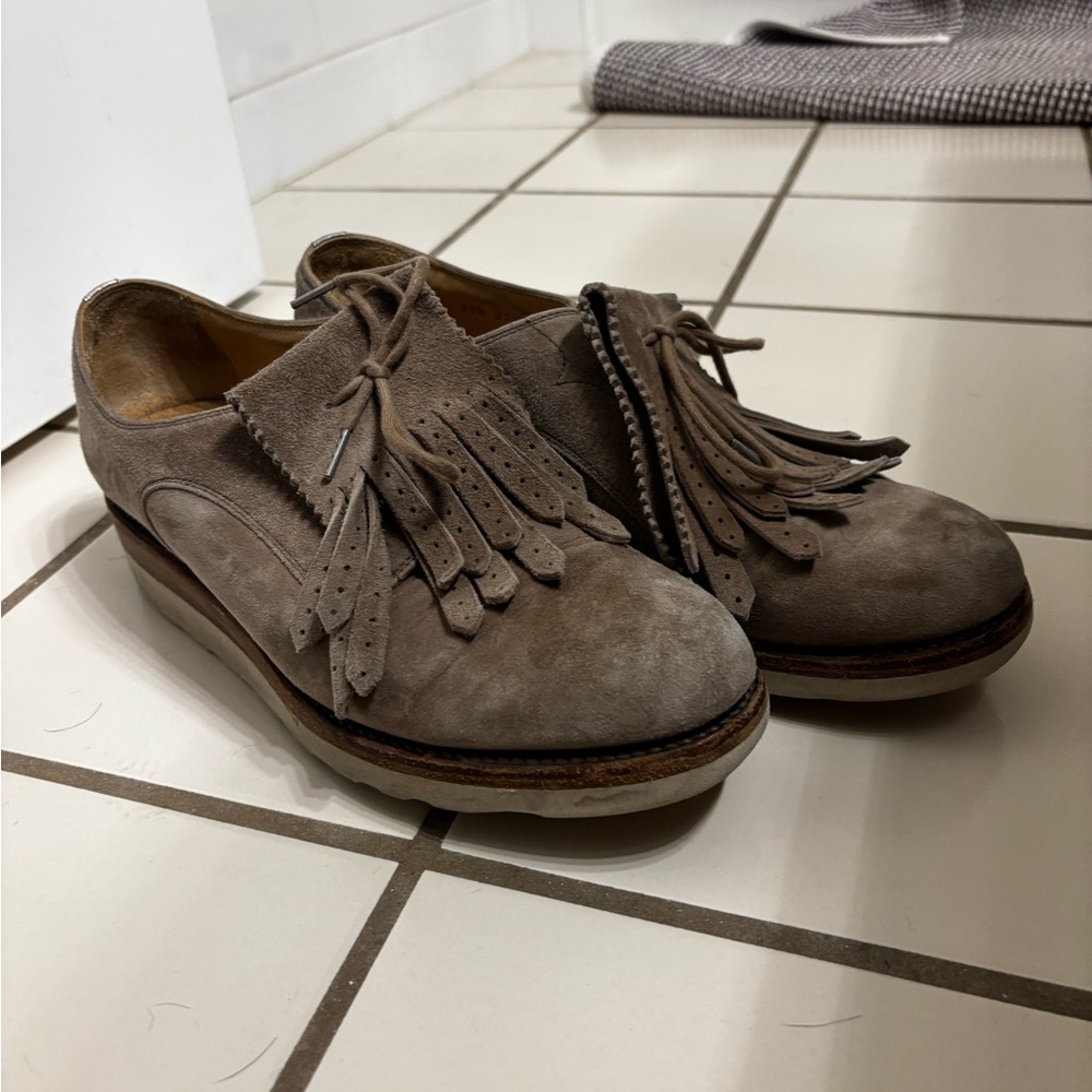 Office of Angela Scott • “Mr Derby” Taupe Suede Oxford Shoes w/ Platform • 39.5